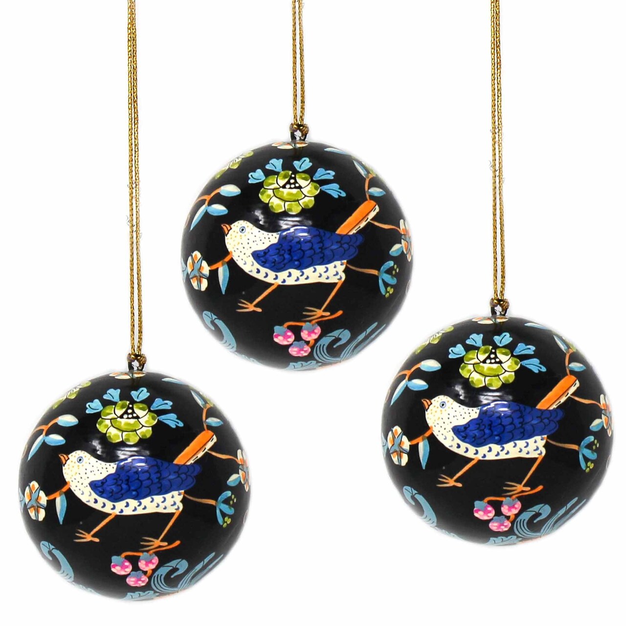 3" Dia Set of 3 Hand Painted Black Birds and Flowers Ornaments with Glossy Finish and Hanging Loop